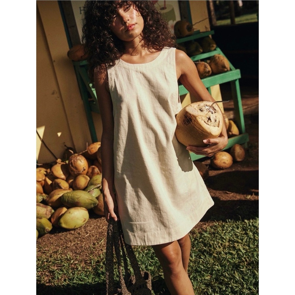 Free People Full Of Sunshine Cotton Linen Mini Dress Natural Open Back - XSmall